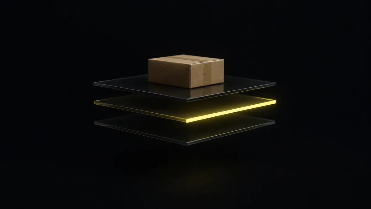 Ein kleines Paket aus Karton liegt auf drei schwebenden Glasplatten vor schwarzem Hintergrund, die mittlere Platte leuchtet an der Kante gelb.